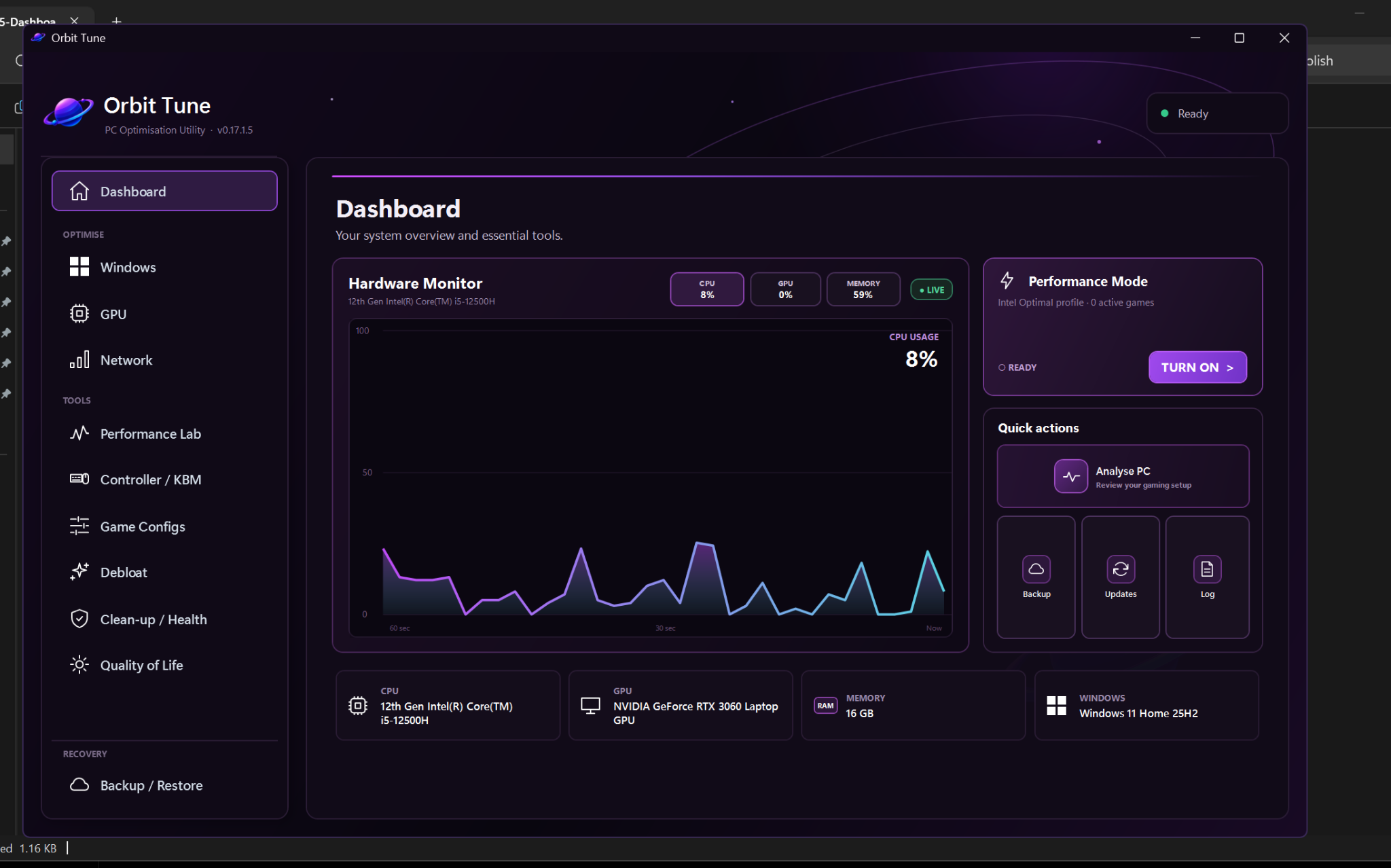 Orbit Tune dashboard showing the live hardware monitor and quick actions